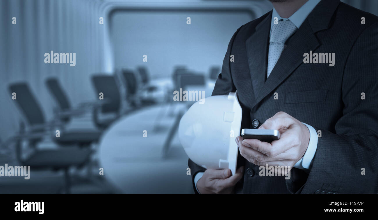 Businessman hand working with a digital tablet on meeting room ...