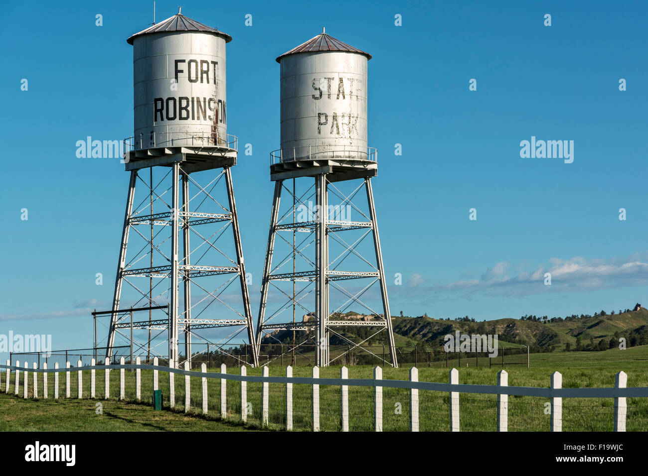 Nebraska, Crawford, Fort Robinson State Park, water towers Stock Photo