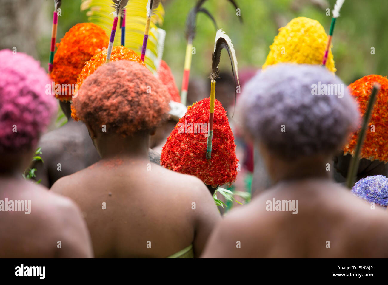 Melanesia, Vanuatu, Lo Island, close up of local women with coloured hair and hats. Stock Photo