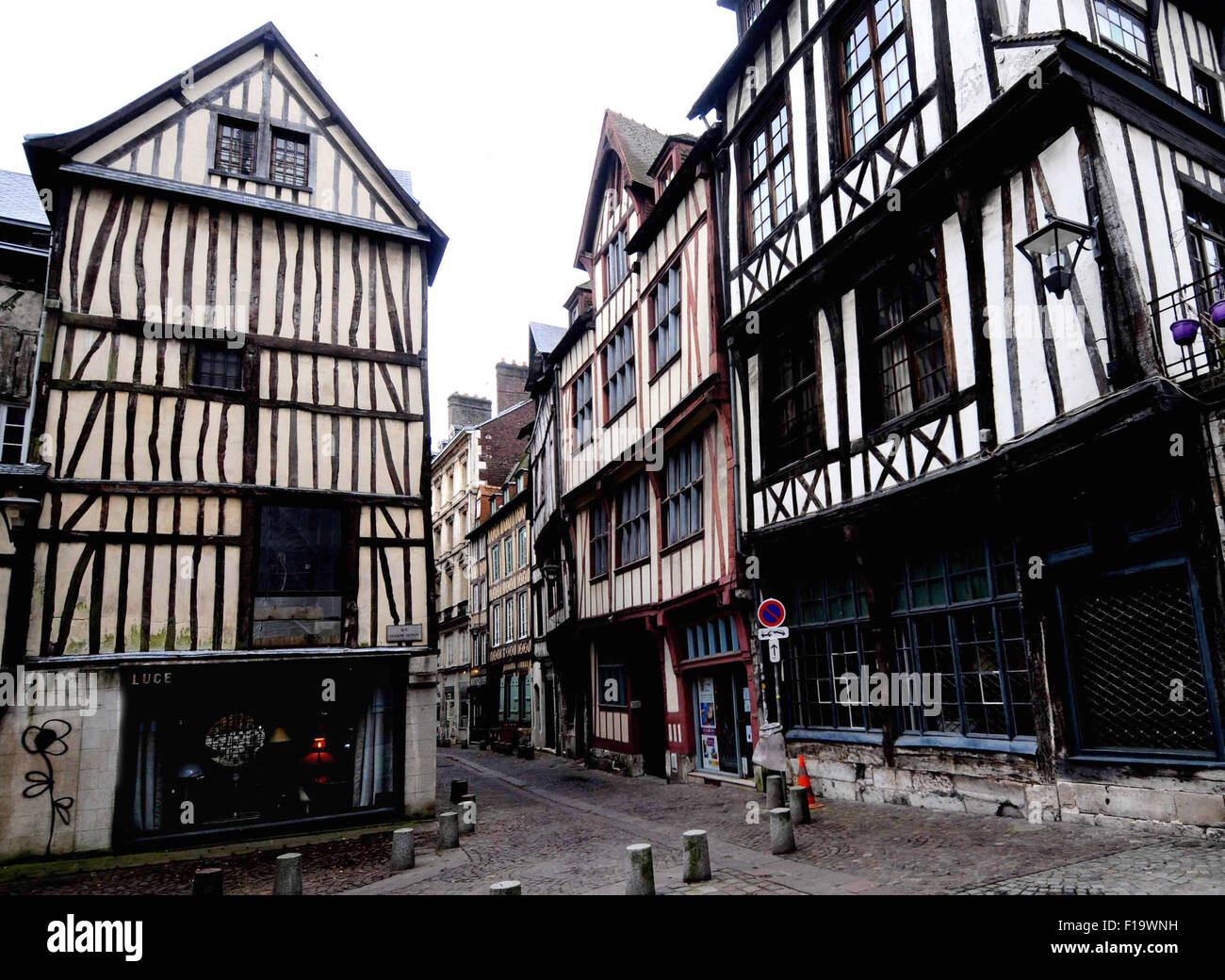 Half timber houses in Rouen, France. On the right, the houses with tiered 1st and 2nd storey. Stock Photo