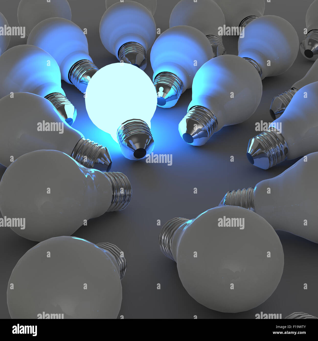 3d growing light bulb standing out from the unlit incandescent bulbs as