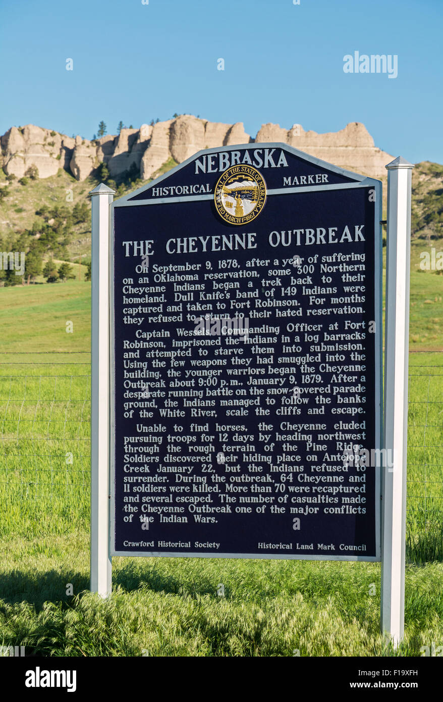 Nebraska, Crawford, Fort Robinson State Park, The Cheyenne Outbreak (1879), cliffs are part of the Indian escape route Stock Photo