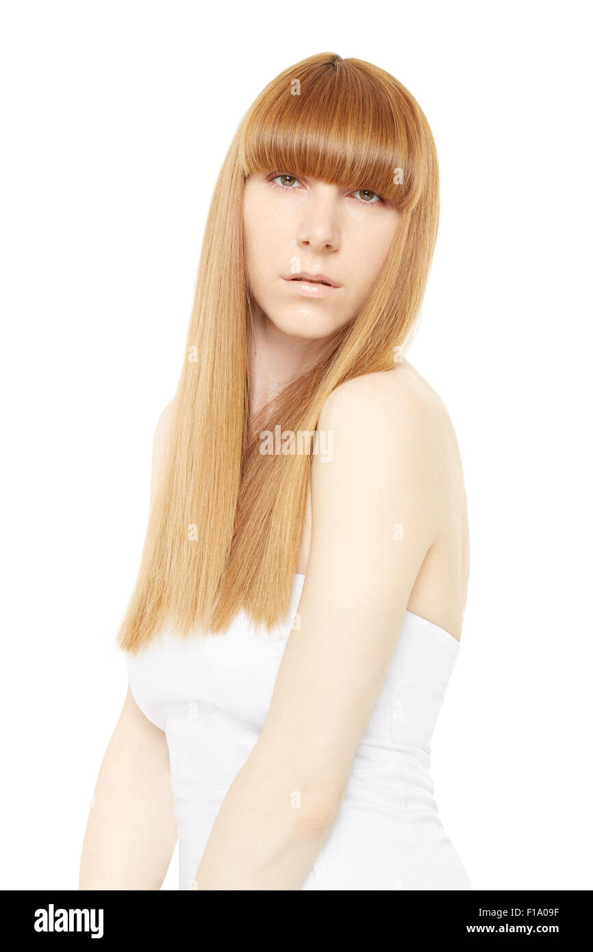 Blond hair. Young woman with long, straight hair with fringe Stock Photo