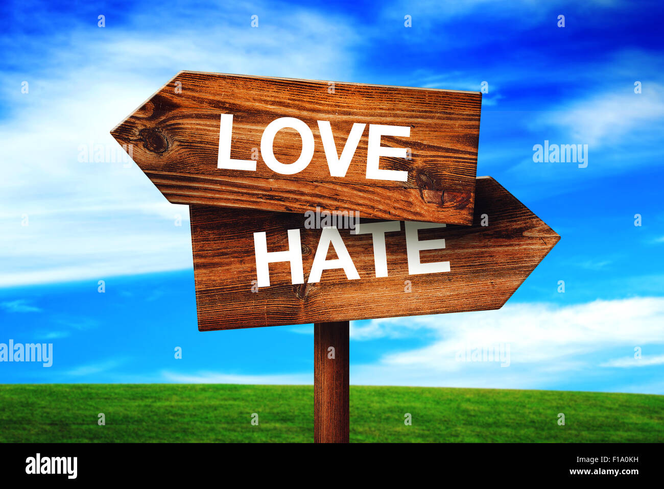 Love or Hate Choice Concept, Direction Signpost with Grassland and Blue Sky as Background. Stock Photo