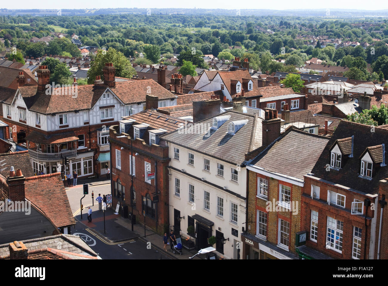 The view from The Clock Tower in St Albans looking down the High Street towards Holywell Hill. Stock Photo