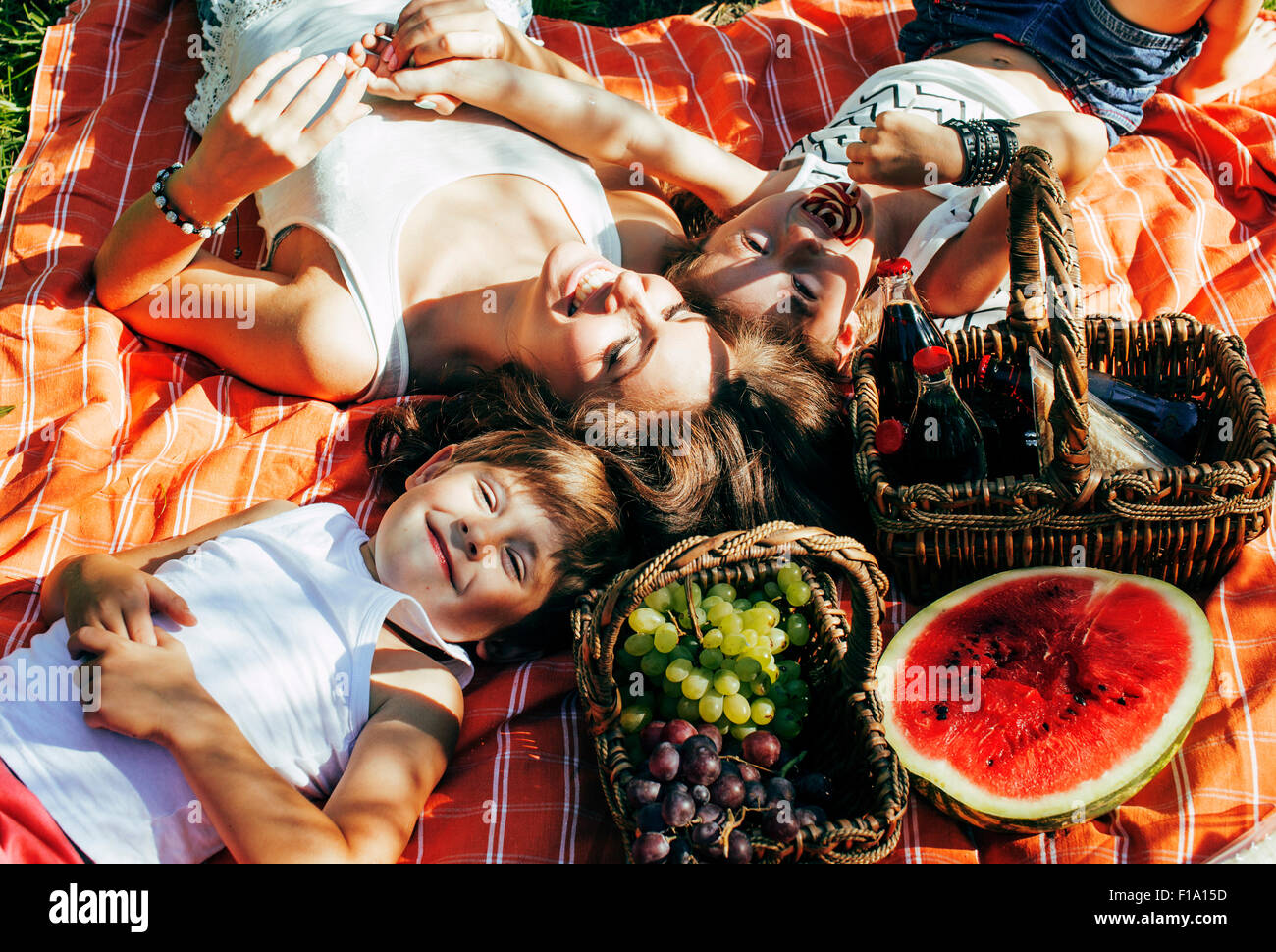 cute happy family on picnic laying on green grass mother and kids Stock ...