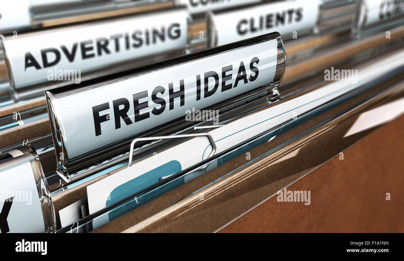 Close up on a file tab with the text fresh ideas, focus on the main tab