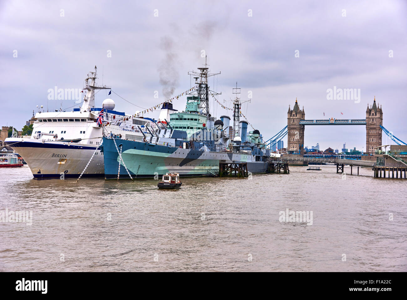 HMS Belfast is a museum ship, originally a Royal Navy light cruiser, permanently moored in London on the River Thames Stock Photo