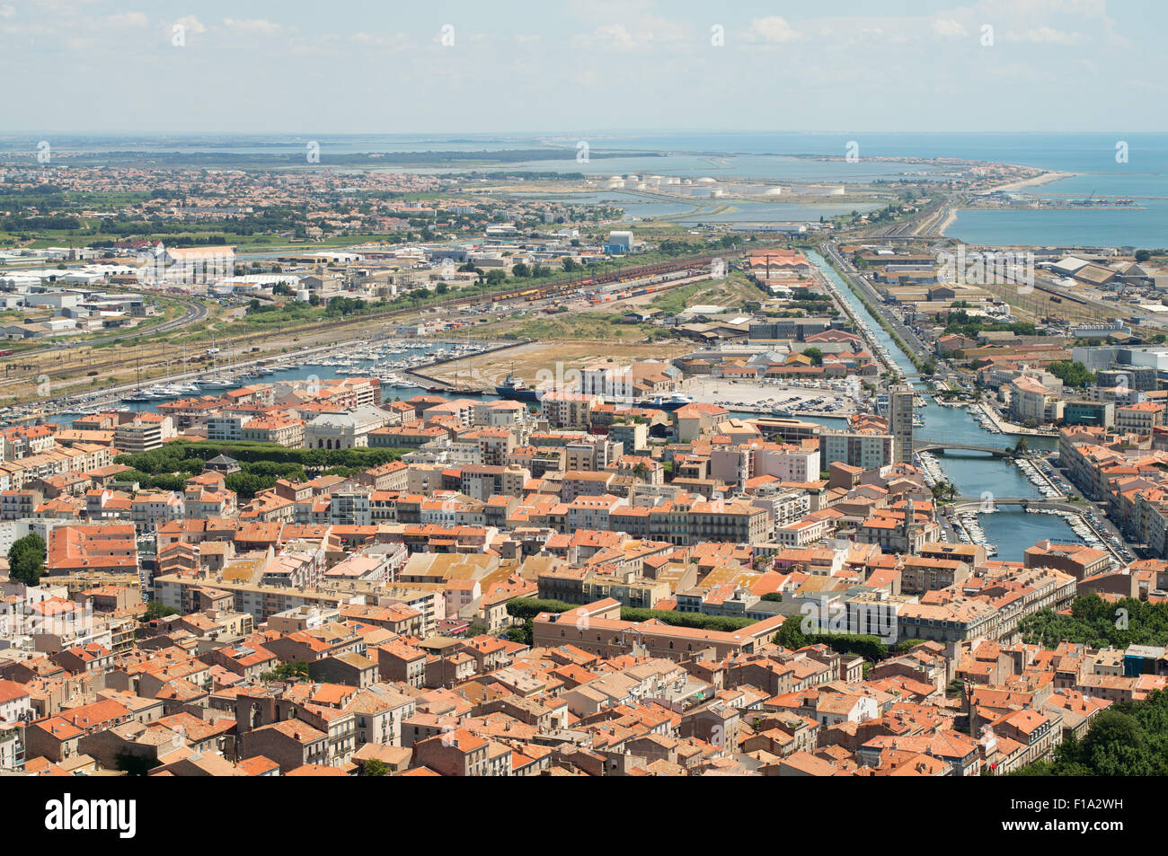 View from above of Sète, seen from the top of Mont Saint Clair, Hérault, Languedoc-Roussillon, France, Europe Stock Photo