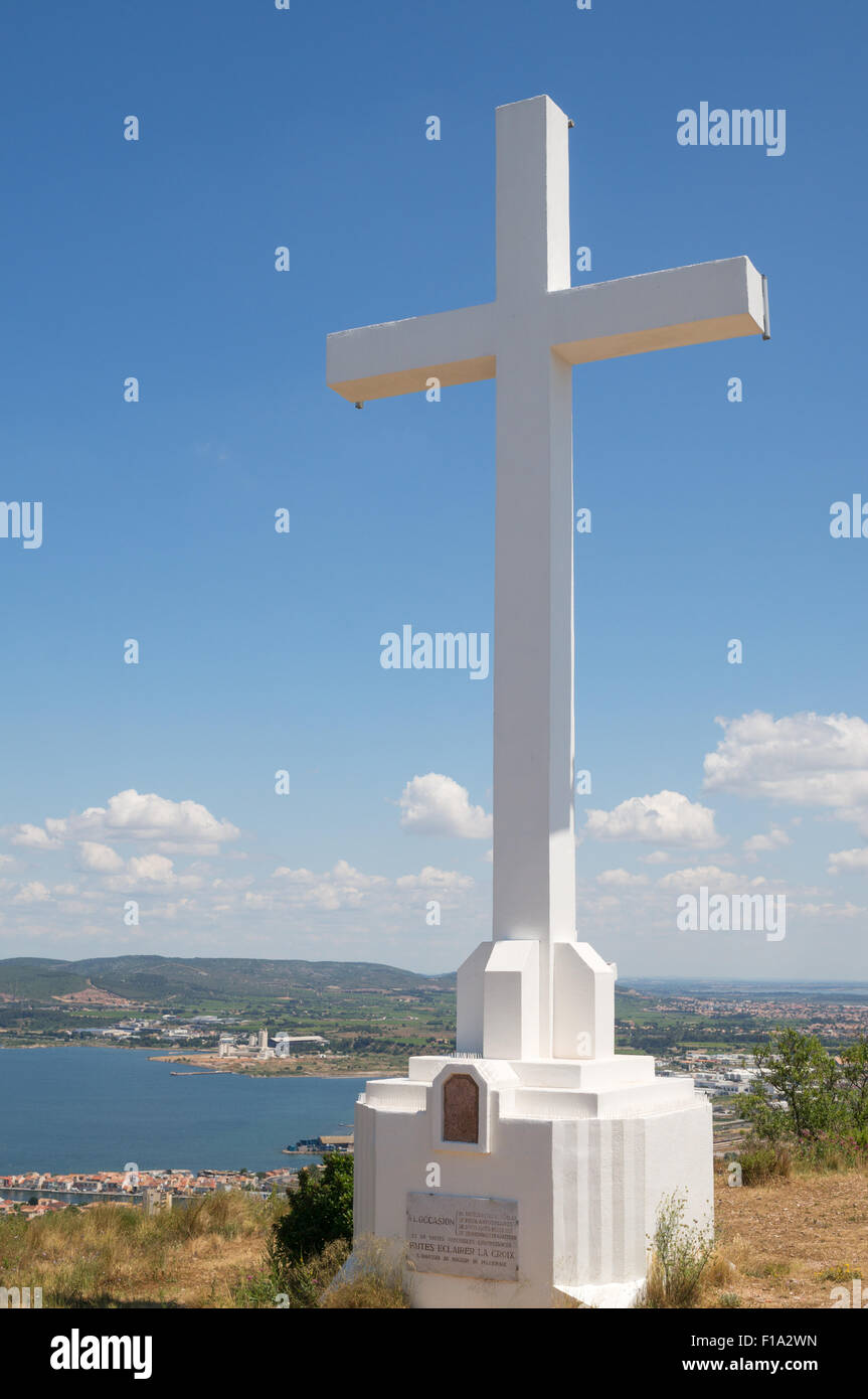 The white cross above the city of Sète, at the top of Mont Saint Clair, Hérault, Languedoc-Roussillon, France, Europe Stock Photo
