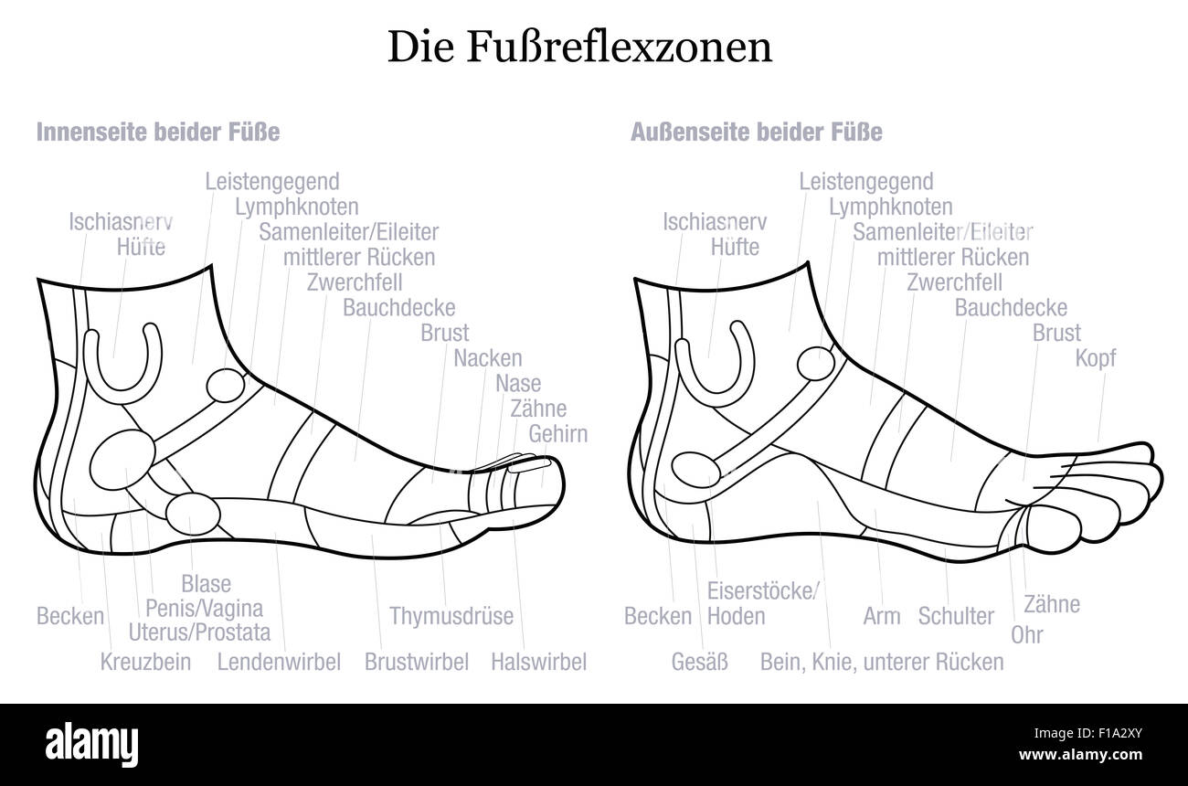Foot reflexology chart - inside and outside view of the feet - with description in GERMAN LANGUAGE. Stock Photo