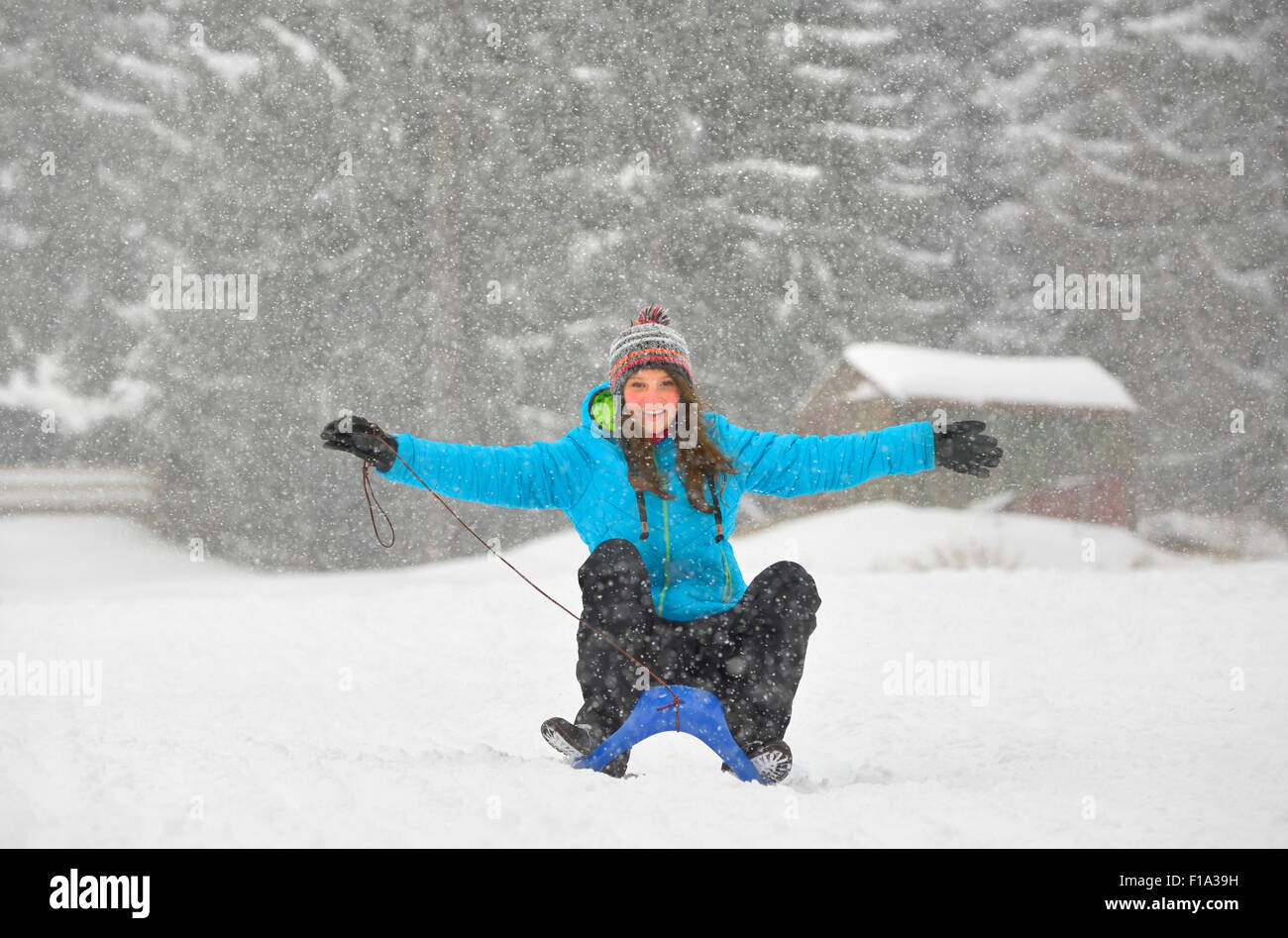 girl on  sledge downhill in wintertime Stock Photo