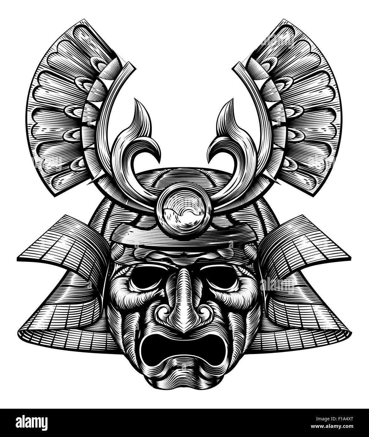An original illustration of a samurai mask and helmet in a vintage woodblock style Stock Photo