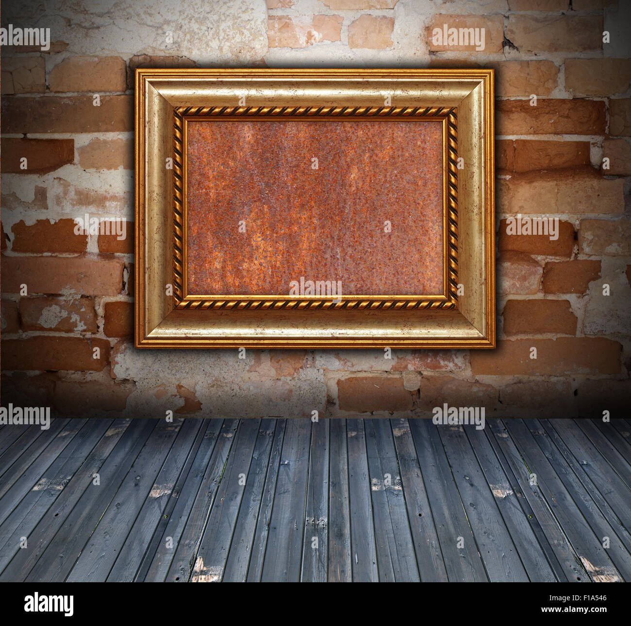 backdrop with old wooden frame on grungy brick wall Stock Photo