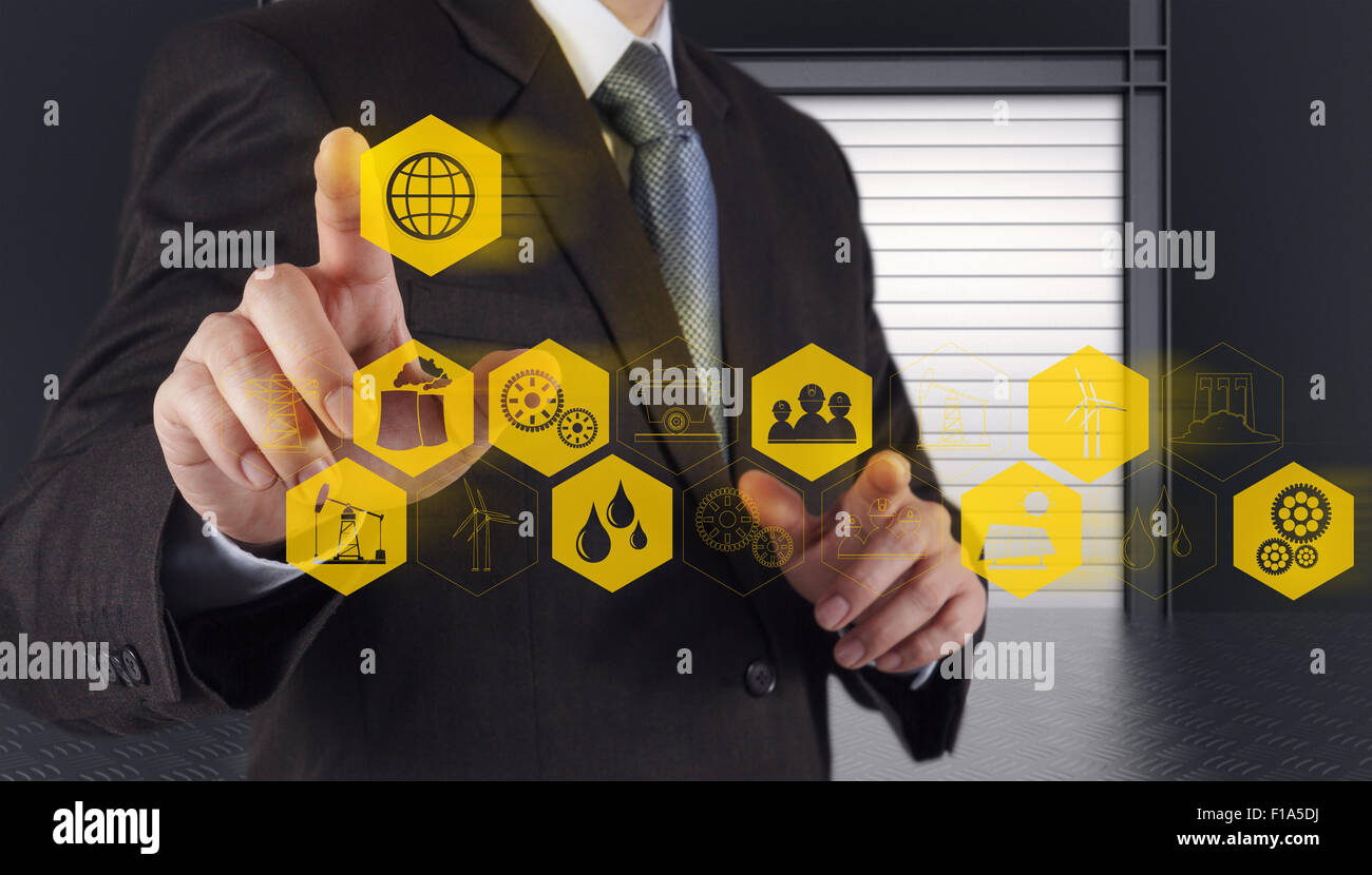 business engineer hand works industry diagram on virtual computer as