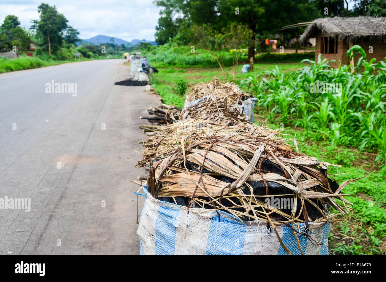 Bags of charcoal for sale on Ivorian roads, Africa Stock Photo Alamy