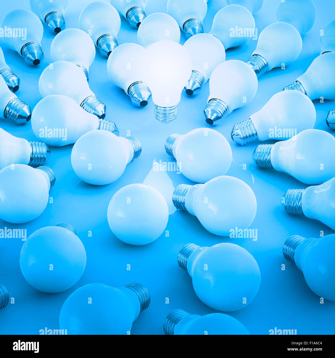 3d growing light bulb standing out from the unlit incandescent bulbs as