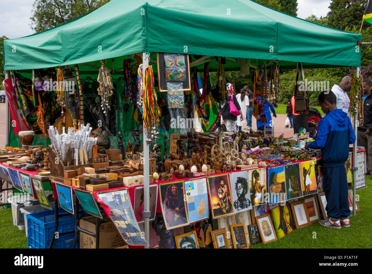 An African stall selling wooden carvings and pictures at West Park