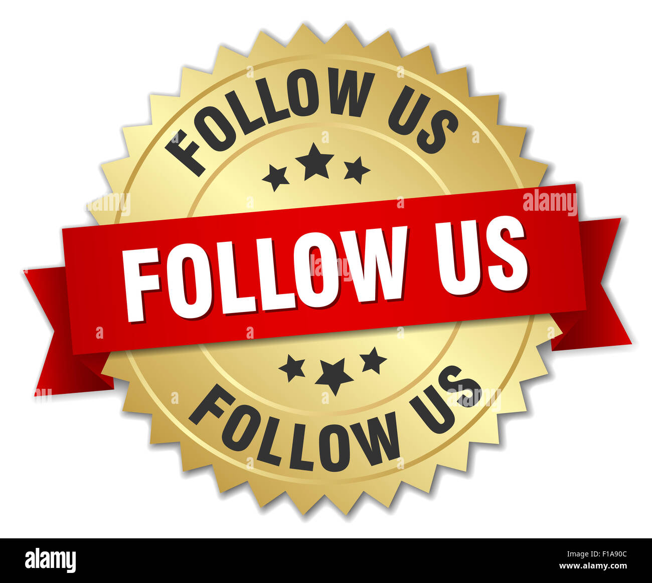 follow us 3d gold badge with red ribbon Stock Photo - Alamy