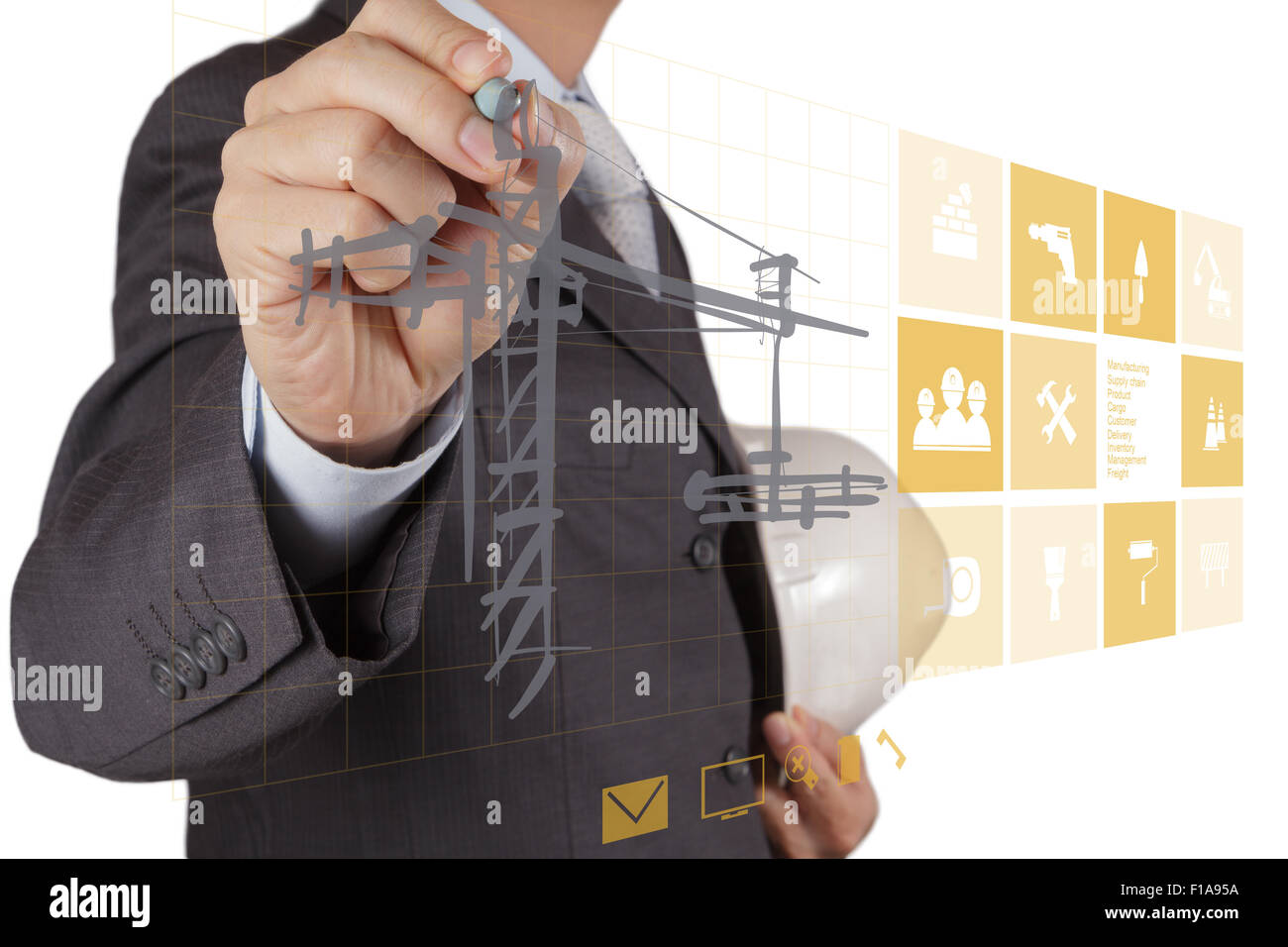 engineer hand working with new computer interface show building ...