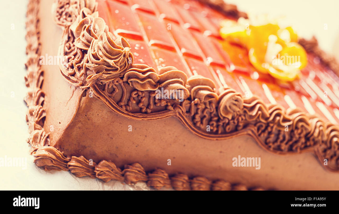 Simple and classical chocolate cake on white background. Details ...