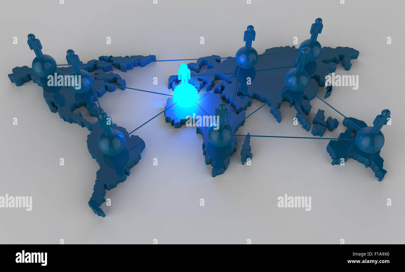 social network human 3d light growing on world map as concept Stock ...