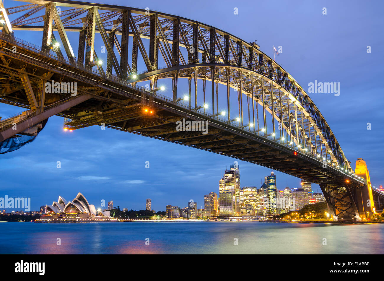 Sydney Harbour Bridge and Opera at night. Stock Photo
