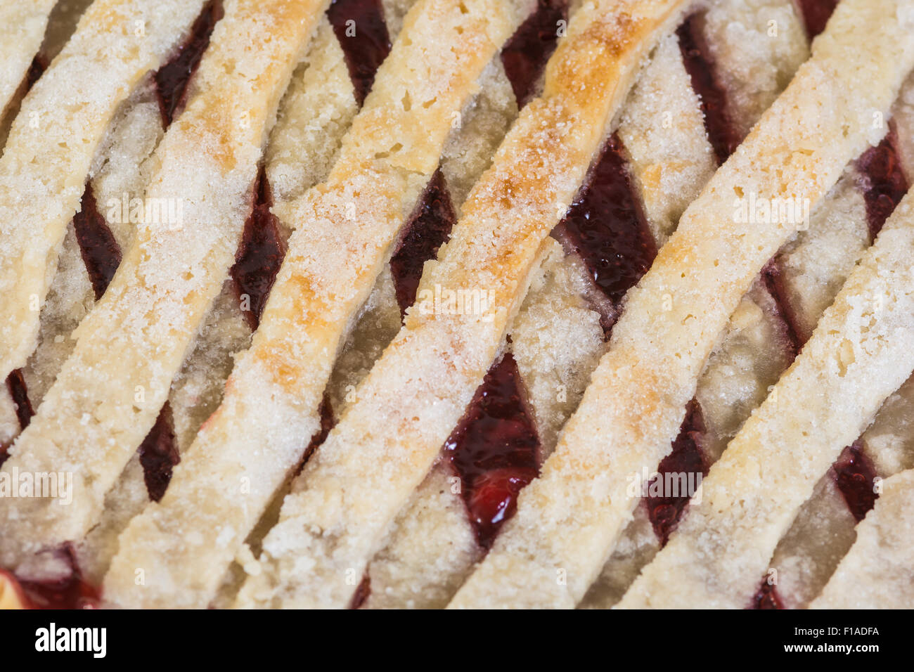 Macro close up of lattice pie crust with cherry filling Stock Photo