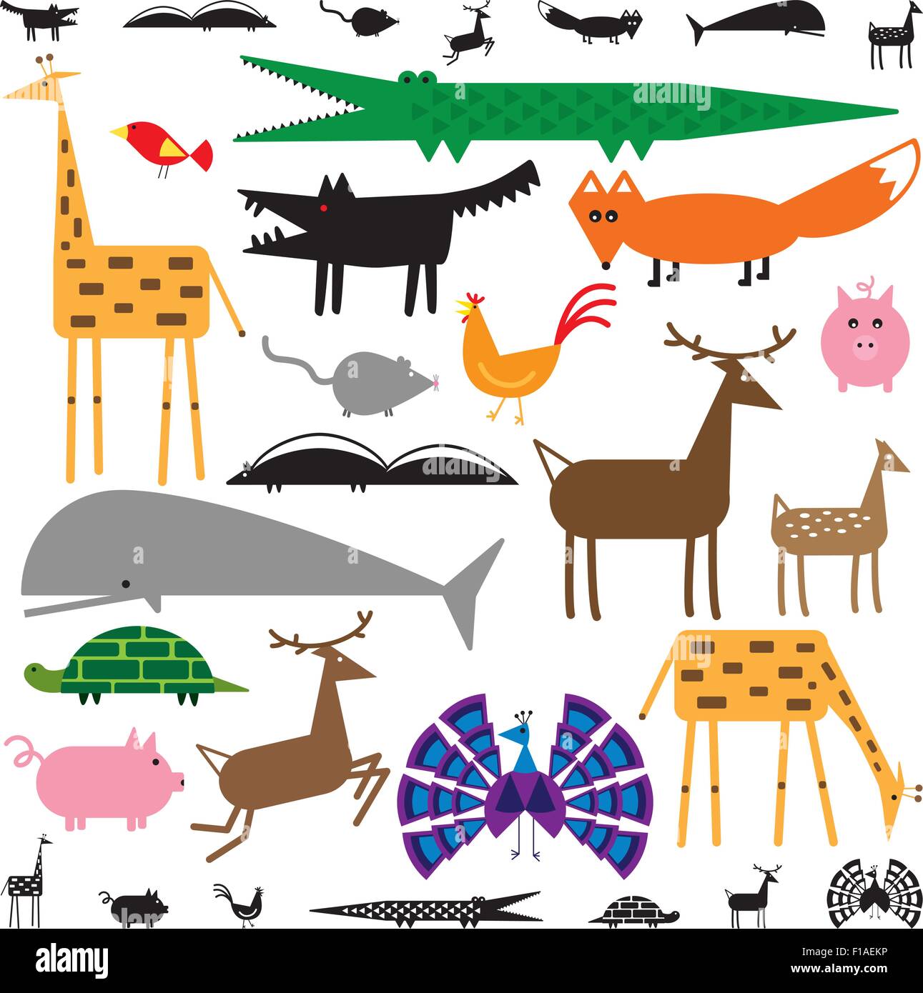 Variety of stylized animals in color and black and white Stock Vector
