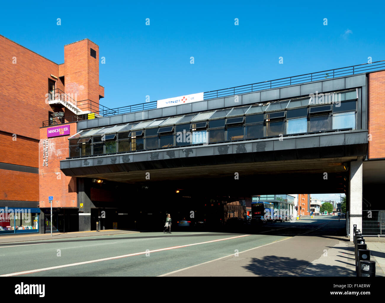 The Manchester University Precinct bridge shortly before it was demolished, over Oxford Road, Manchester, England, UK. Stock Photo