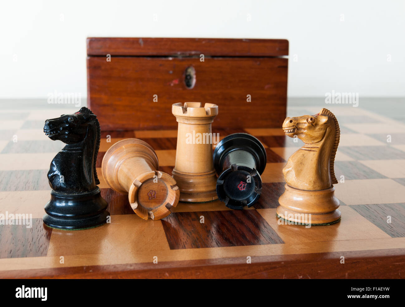 Black and white rooks and knights chess pieces from the 1800s on a chess board with a chess box in the background. Stock Photo