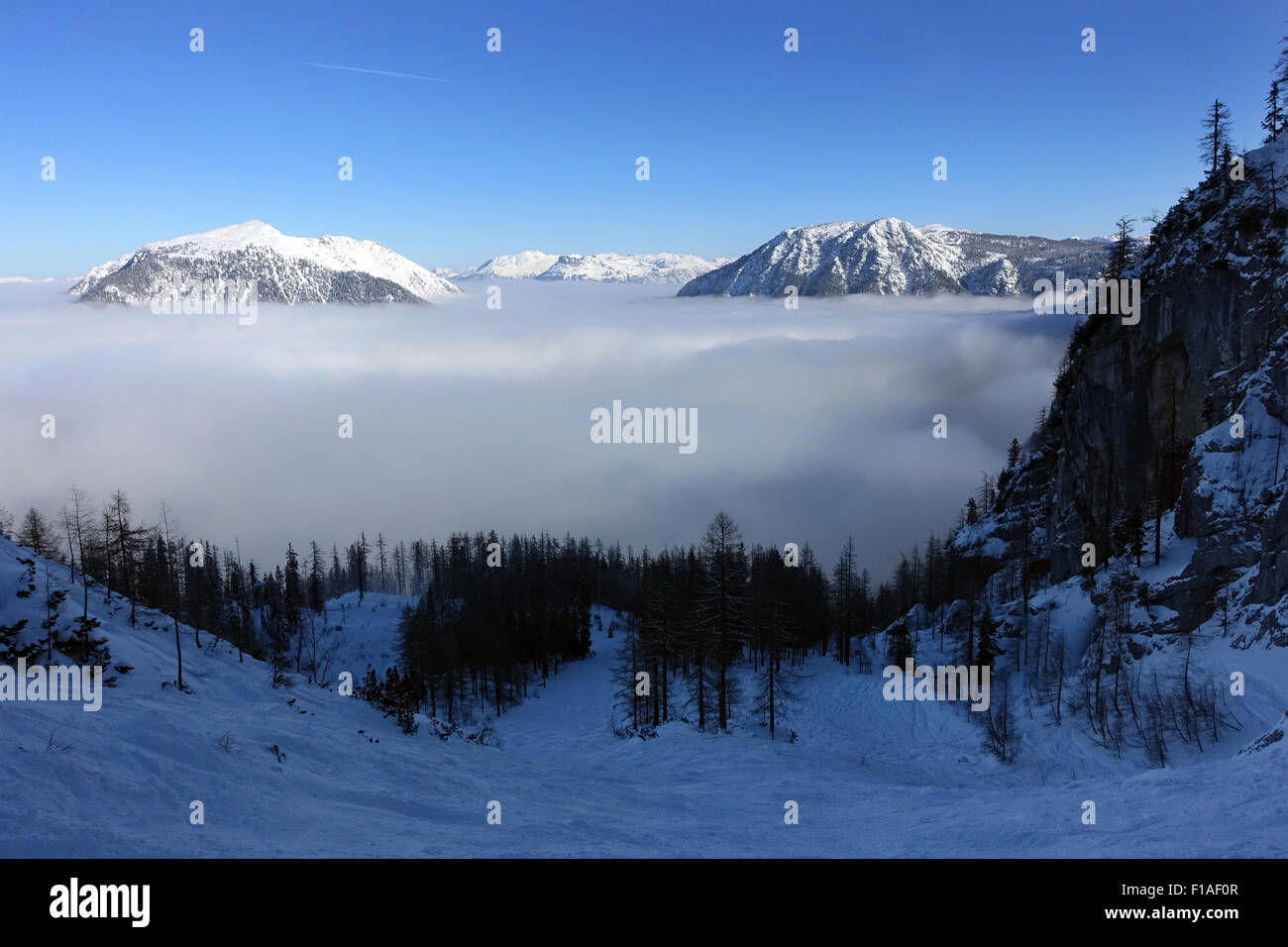 Krippenbrunn, Austria, Alpine views overlooking in the cloud-shrouded valley Stock Photo