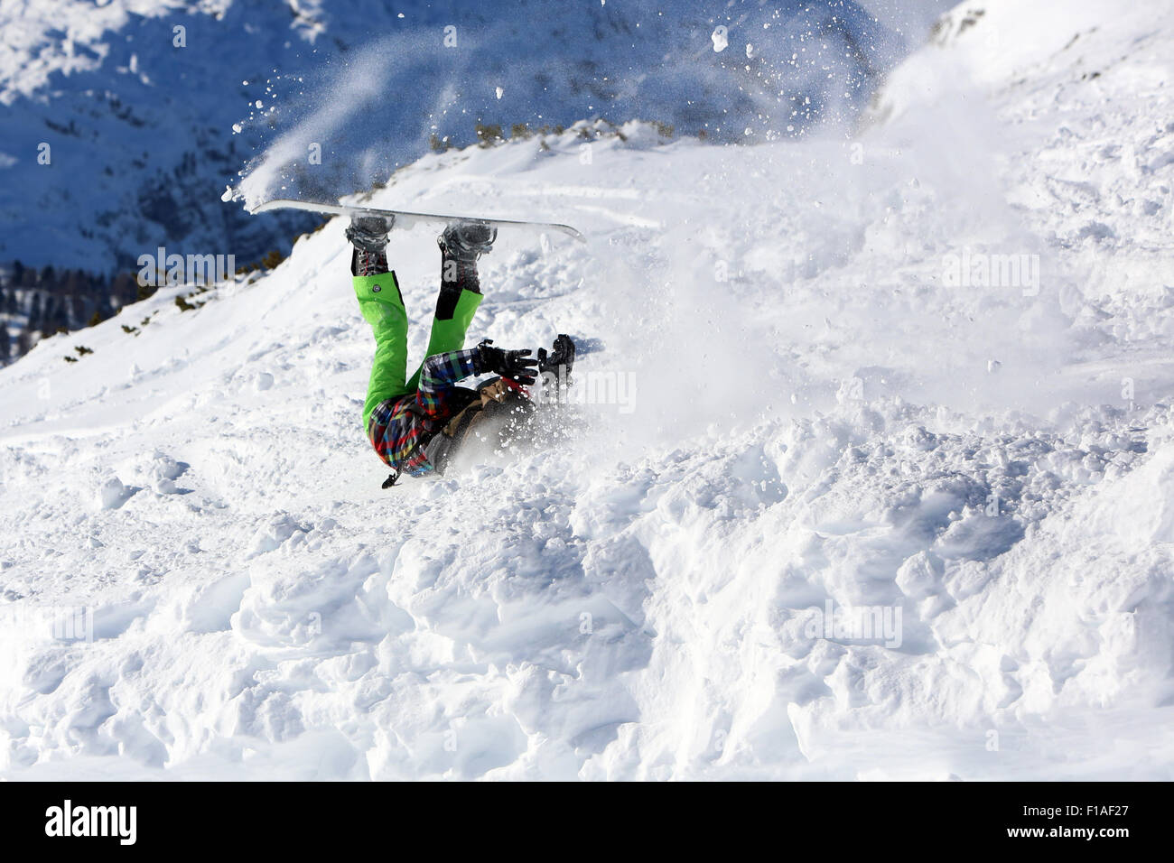 Krippenbrunn, Austria, a boy crashes while snowboarding Stock Photo