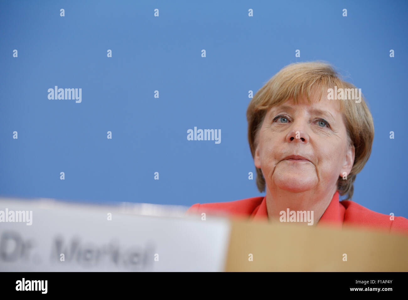Berlin, Germany. 31st Aug, 2015. German Chancellor Angela Merkel during press conference on foreign and domestic policy at the house of the federal press conference in Berlin, Germany on 31 august 2015. / Picture: Angela Merkel, german chancellor, answering questions about foreign and domestic policy during a press conference at the house of the federal press conference in Berlin. Credit:  Reynaldo Chaib Paganelli/Alamy Live News Stock Photo