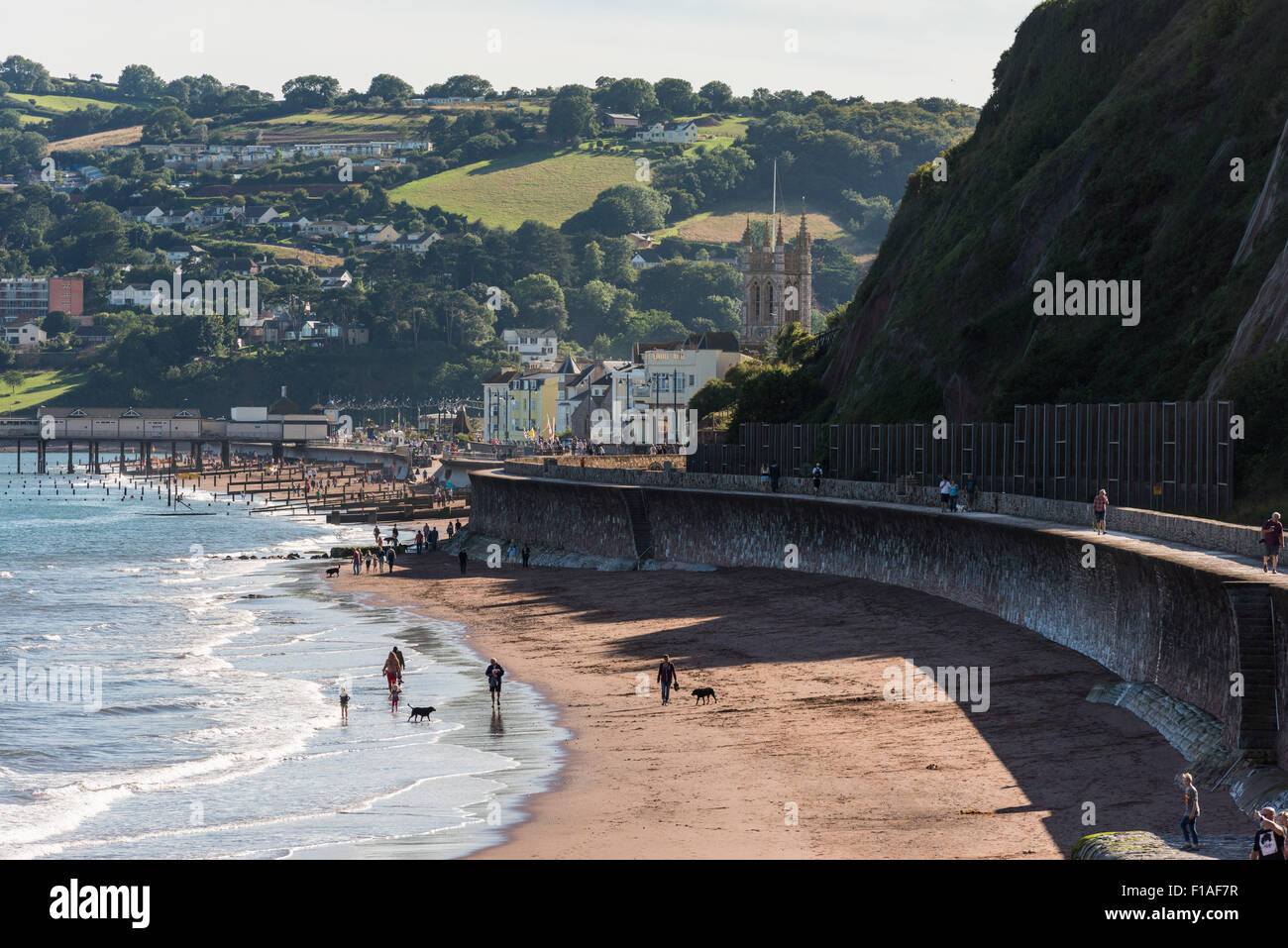Teignmouth, Devon. 2015. The famous Brunel seawall coast rail. Town in the background and people walking their dogs on the beach Stock Photo