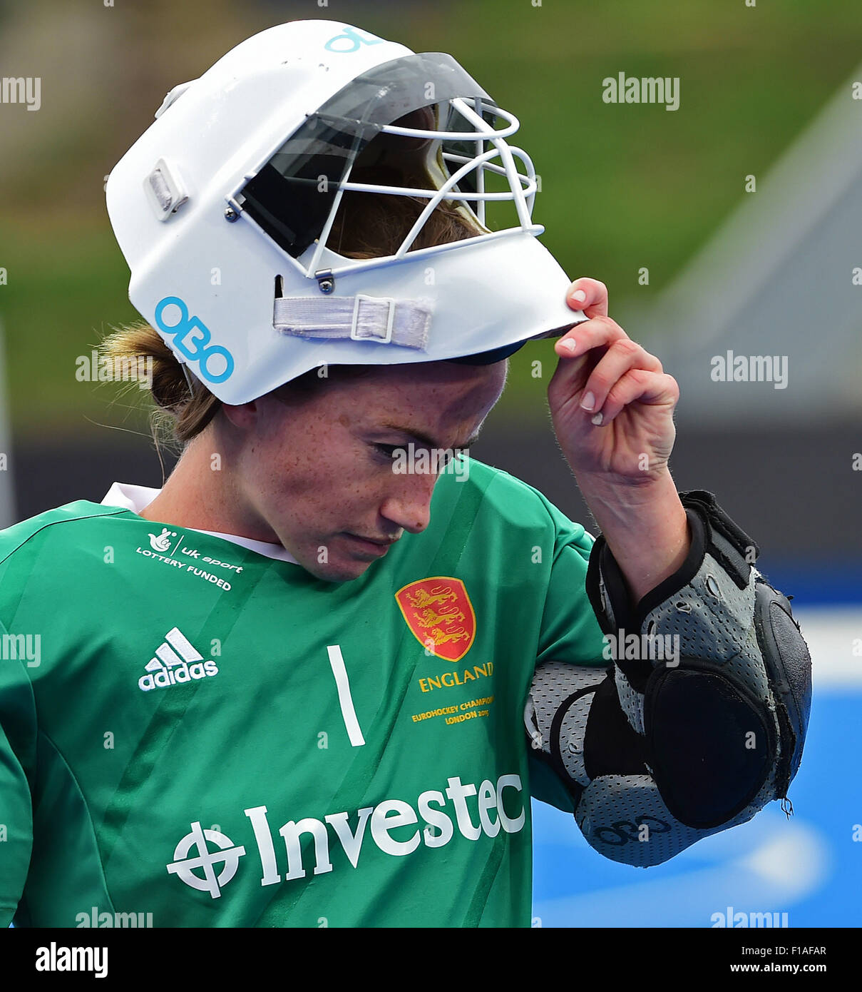Lea Valley, London, UK. 30th Aug, 2015. Unibet EuroHockey Championships Day 10. Gold Medal Final. England versus Netherlands. Maddie Hinch (ENG) focuses on her role in the final © Action Plus Sports/Alamy Live News Stock Photo