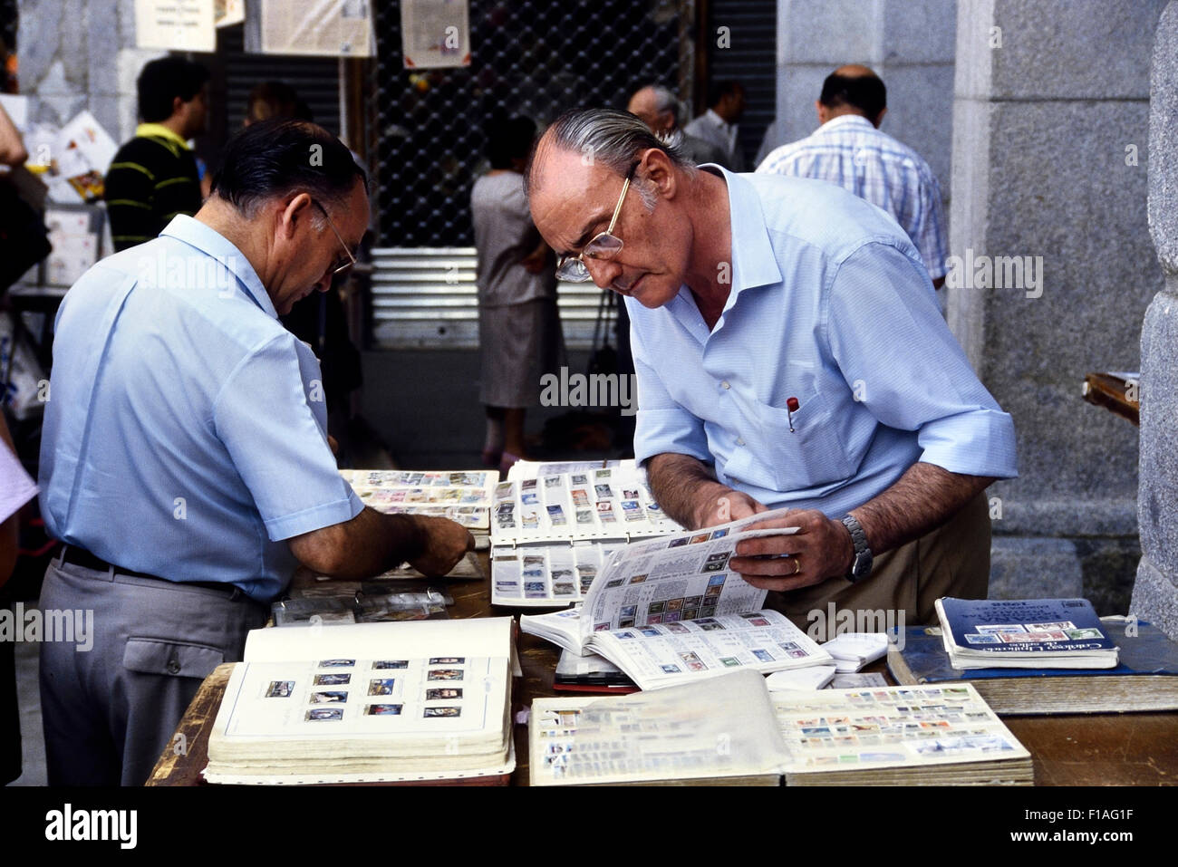 The Sunday Stamp and Coin market in Plaza Mayor. Madrid. Spain Stock Photo