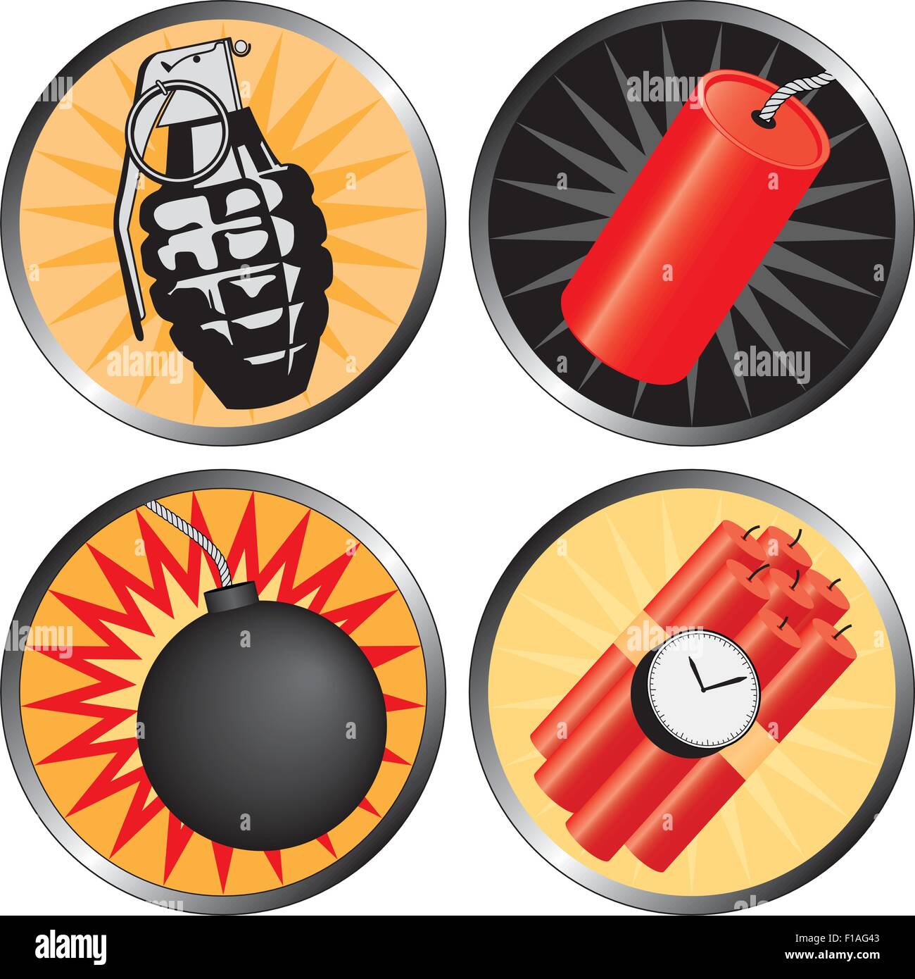 Icons that go BOOM! Including a grenade, bomb, time bomb and firecracker. Stock Vector