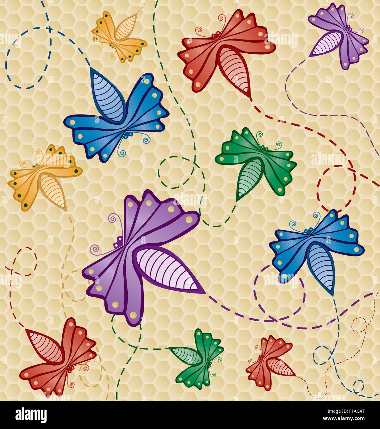 Colorful Flying Bugs, bugs and background are on separate layers for easy editing Stock Vector
