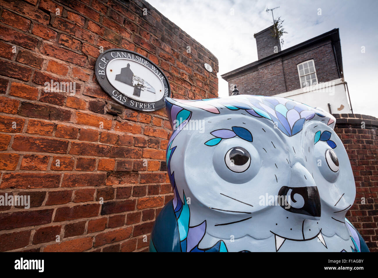 The 'Bob the Bat' Owl sculpture by the canalside in Gas Street Basin, part of the Big Hoot Birmingham 2015, England Stock Photo