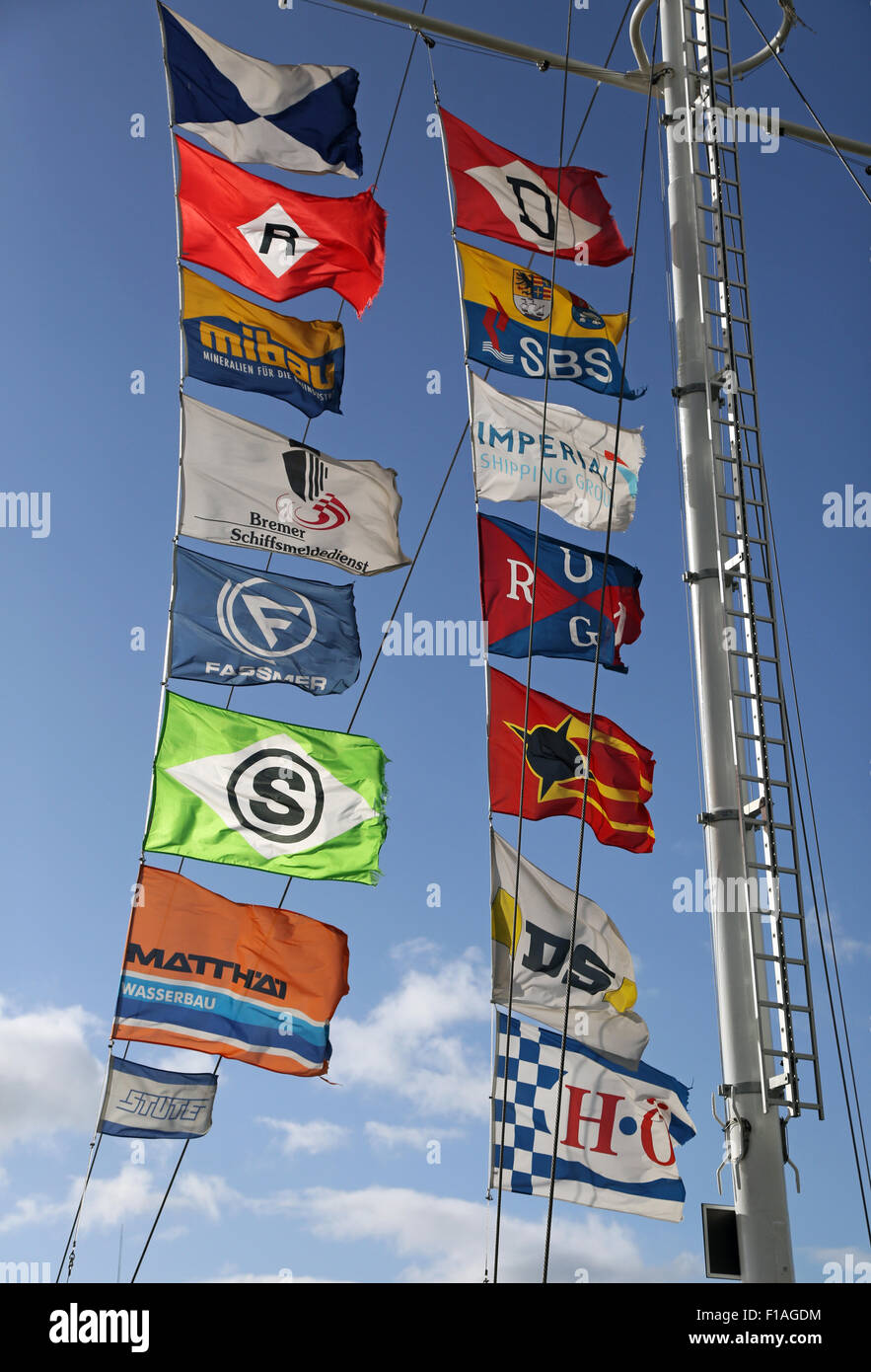 Bremen, Germany, shipping company flags on the emblem of the IWT Stock