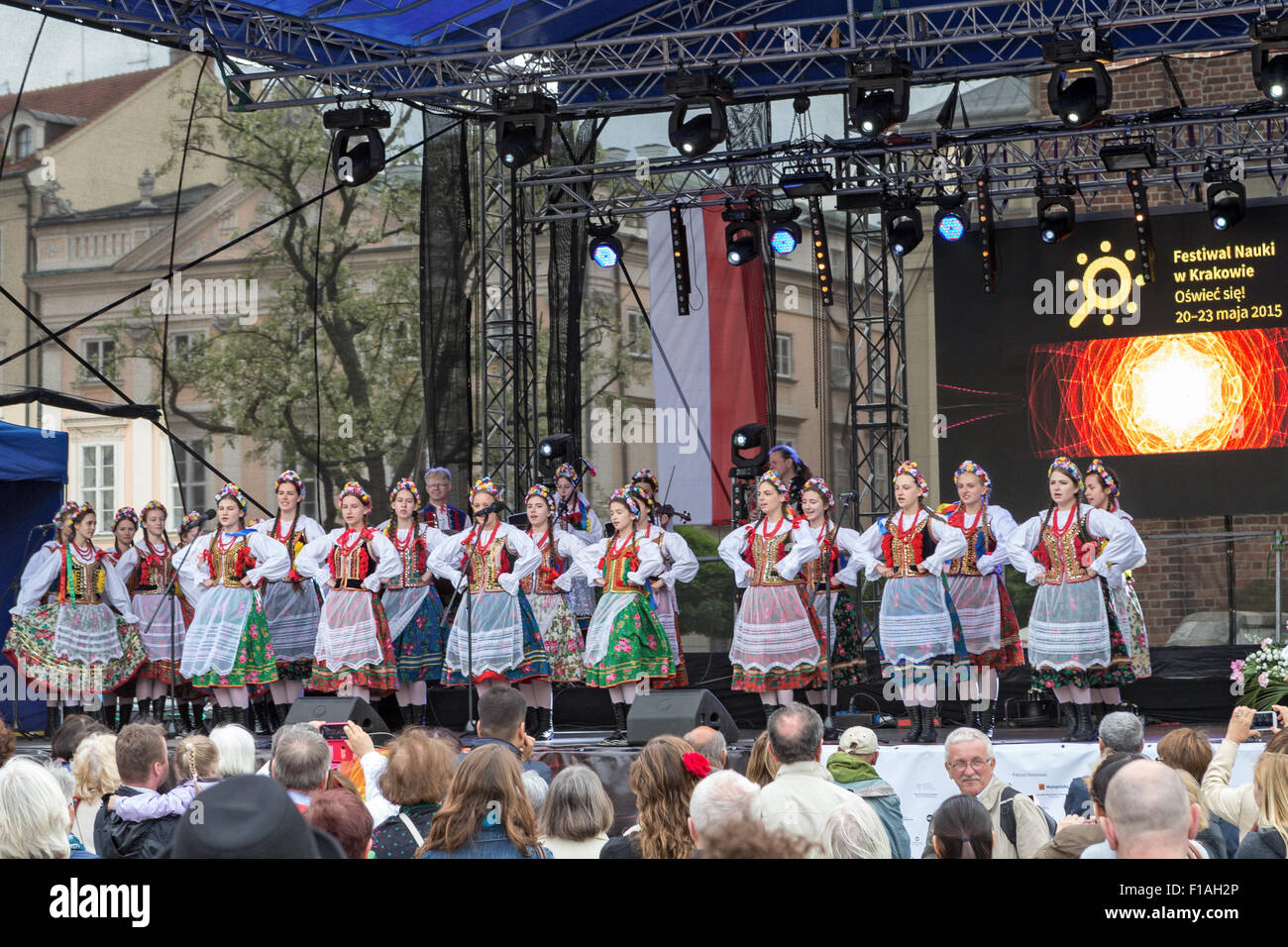 Krakowiak or Cracovienne is a fast, syncopated Polish folk dance in duple time, Folk Dancers, Krakow, Poland. Science Festival. Stock Photo