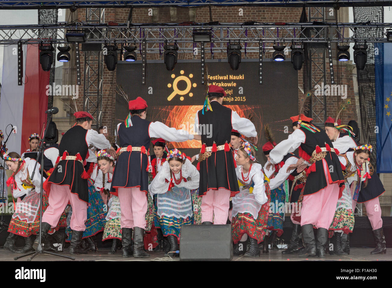 Krakowiak or Cracovienne is a fast, syncopated Polish folk dance in duple time, Folk Dancers, Krakow, Poland. Science Festival. Stock Photo