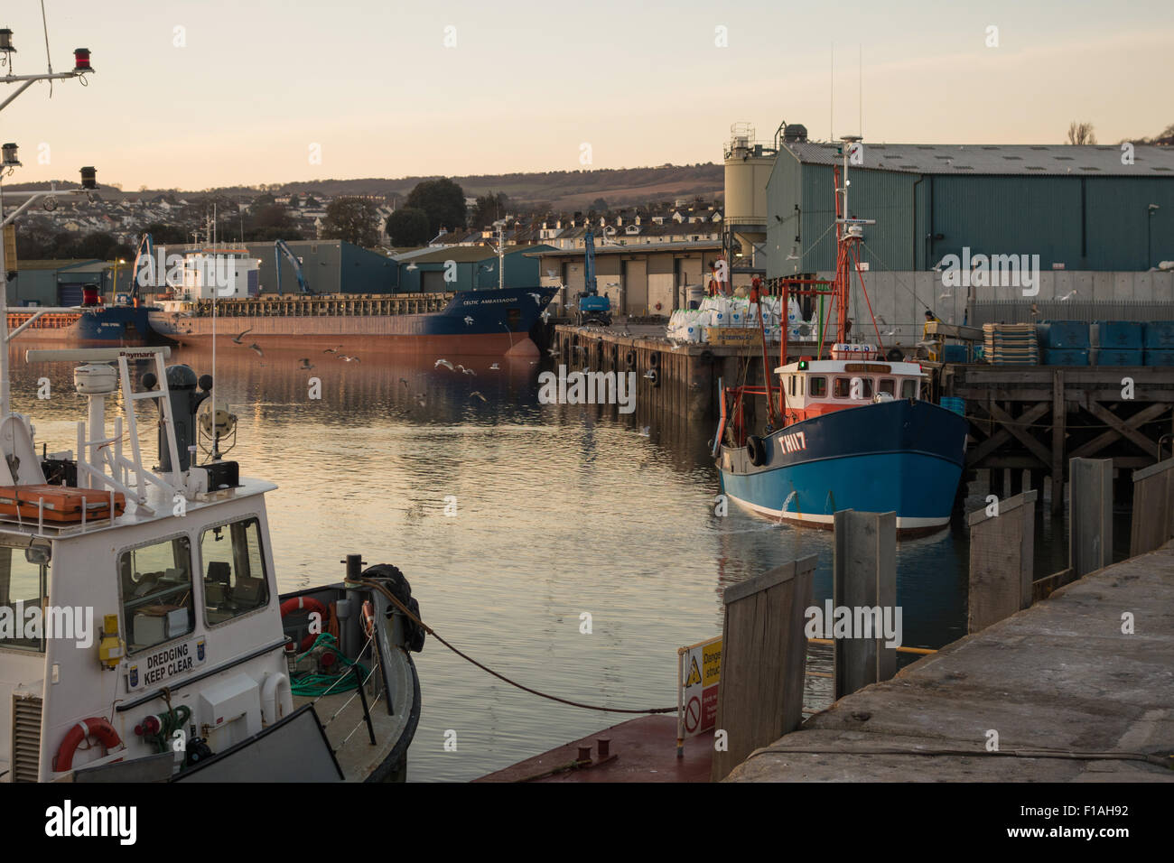 Teignmouth 2015. The port and docks with a trawler unloading it's fishing catch at the fish quay. Stock Photo