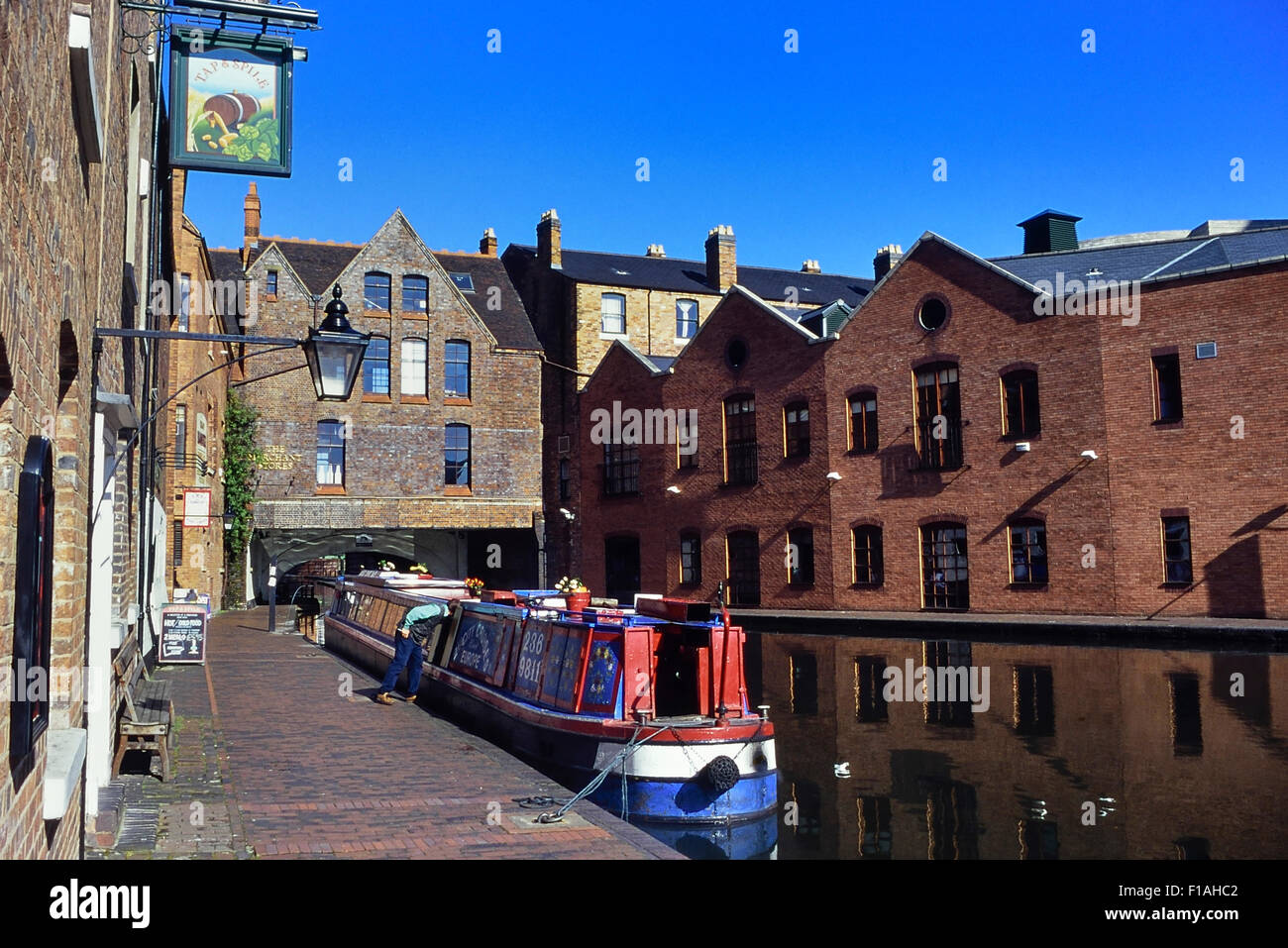 Gas Street Basin Narrow Boat Marina, a canal basin in the centre of Birmingham, England, UK Stock Photo