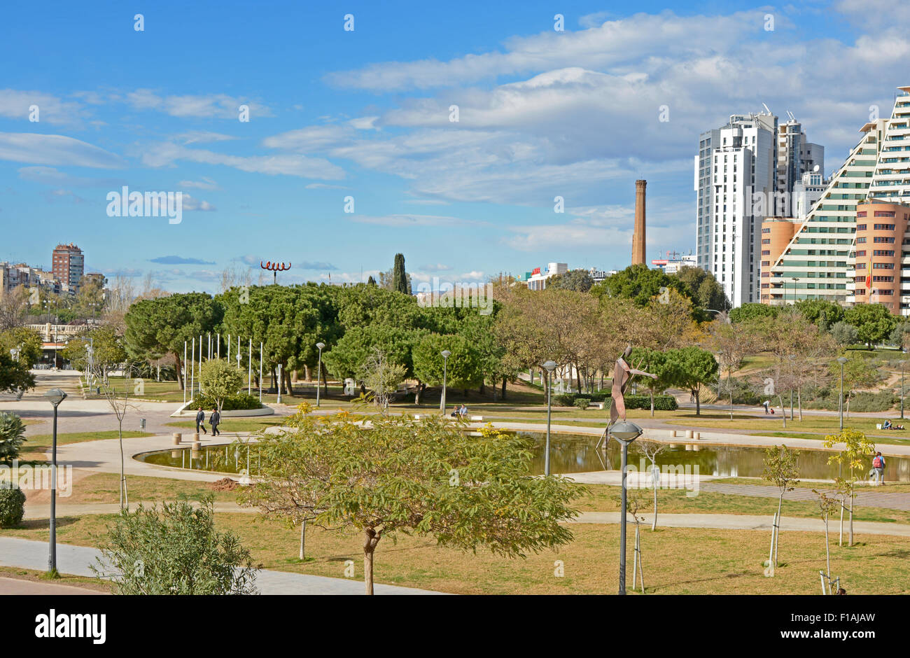 Modern architecture and buildings in the City of Arts and Sciences in the Turia Park. Valencia, Spain. With people. Stock Photo