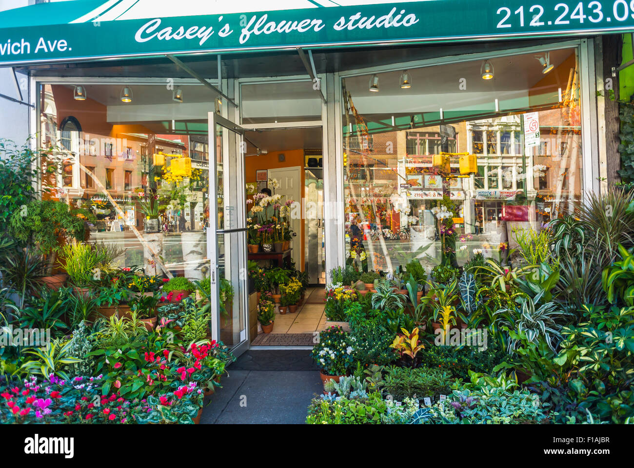 New York City, USA, Greenwich Village, Neighborhood, District, Shopping, Local Flower Shop Front Door, with Plants Display Stock Photo