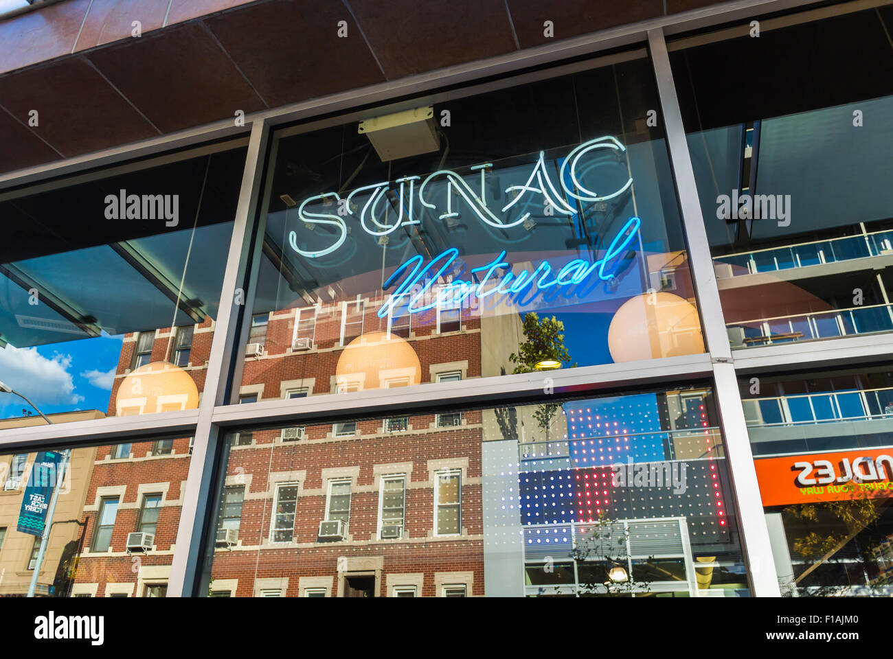 Downtown outside day buildings reflection store window neon sign hires