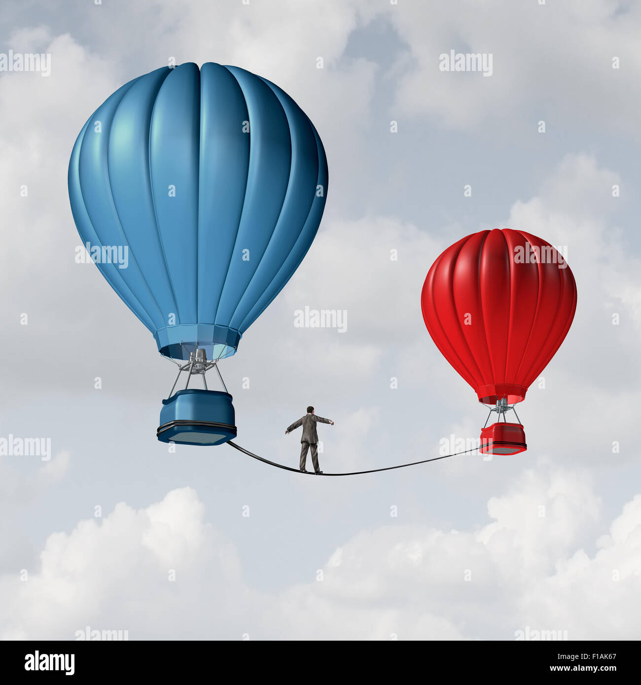 Change challenge and caution business motivational concept as person walking on a tight rope high wire from one hot air balloon Stock Photo