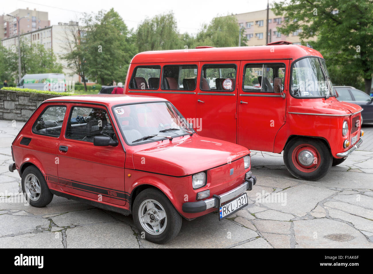 Nysa van & Polski-Fiat 126 car, Soviet Vehicles, Nowa Huta, (New Steel Works), Stalinist Krakow, Poland Stock Photo